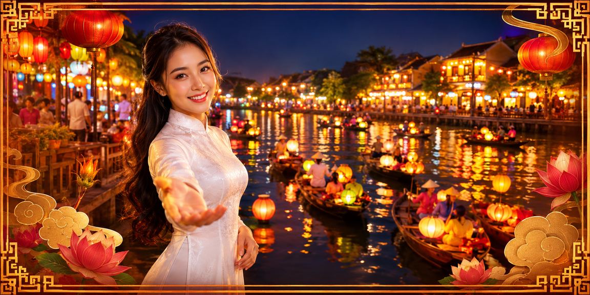 Phụ nữ mặc áo dài tại Hội An đặt cược trực tuyến trong khung cảnh phố cổ