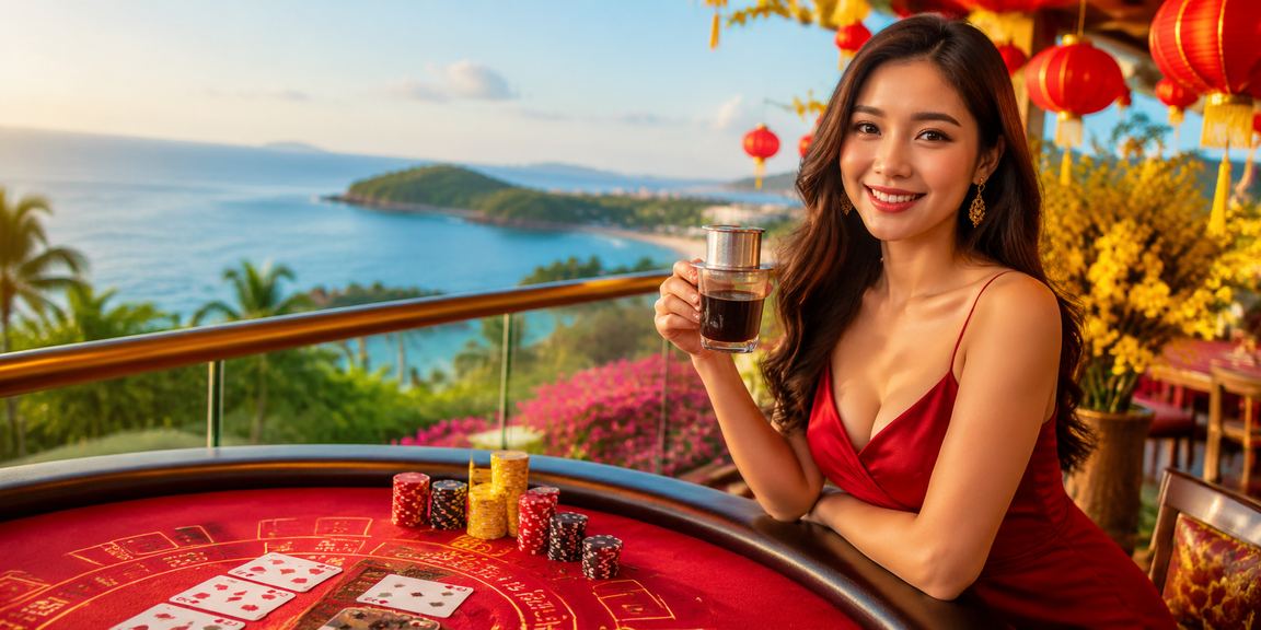 Người chơi thư giãn tại Phú Quốc với ly cà phê và màn hình baccarat